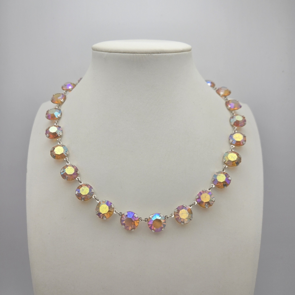 Orange Riviere Crystal Choker Necklace Aurora Borealis AB Vintage Open Bezel